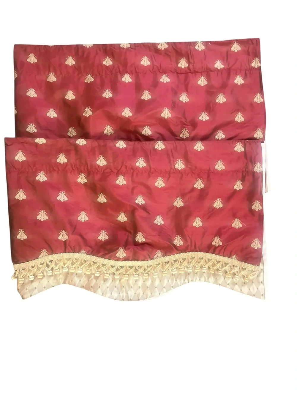 Pair Pure Silk Empire Valances Embroidered Gold Bees Scalloped Fringe